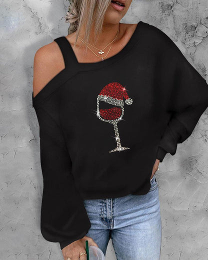 Christmas Wine Glass Print Cold Shoulder Top