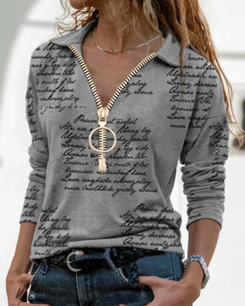 Letter Print Long Sleeve Zip up Top