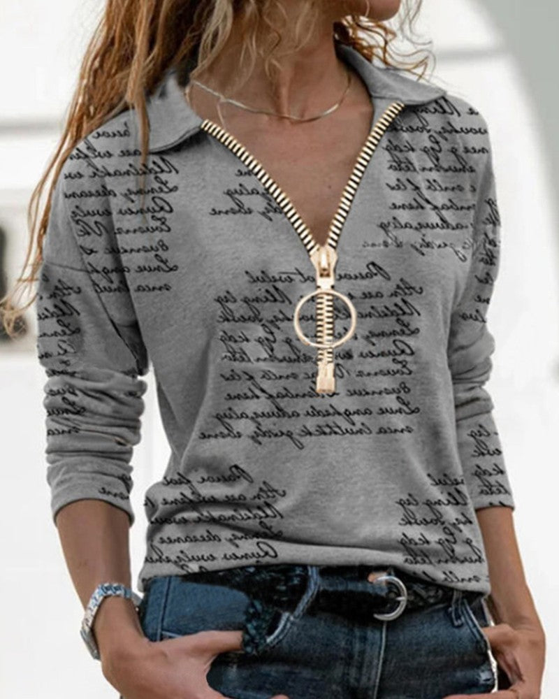 Letter Print Long Sleeve Zip up Top