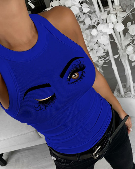 Eyelash Print Casual Tank Top