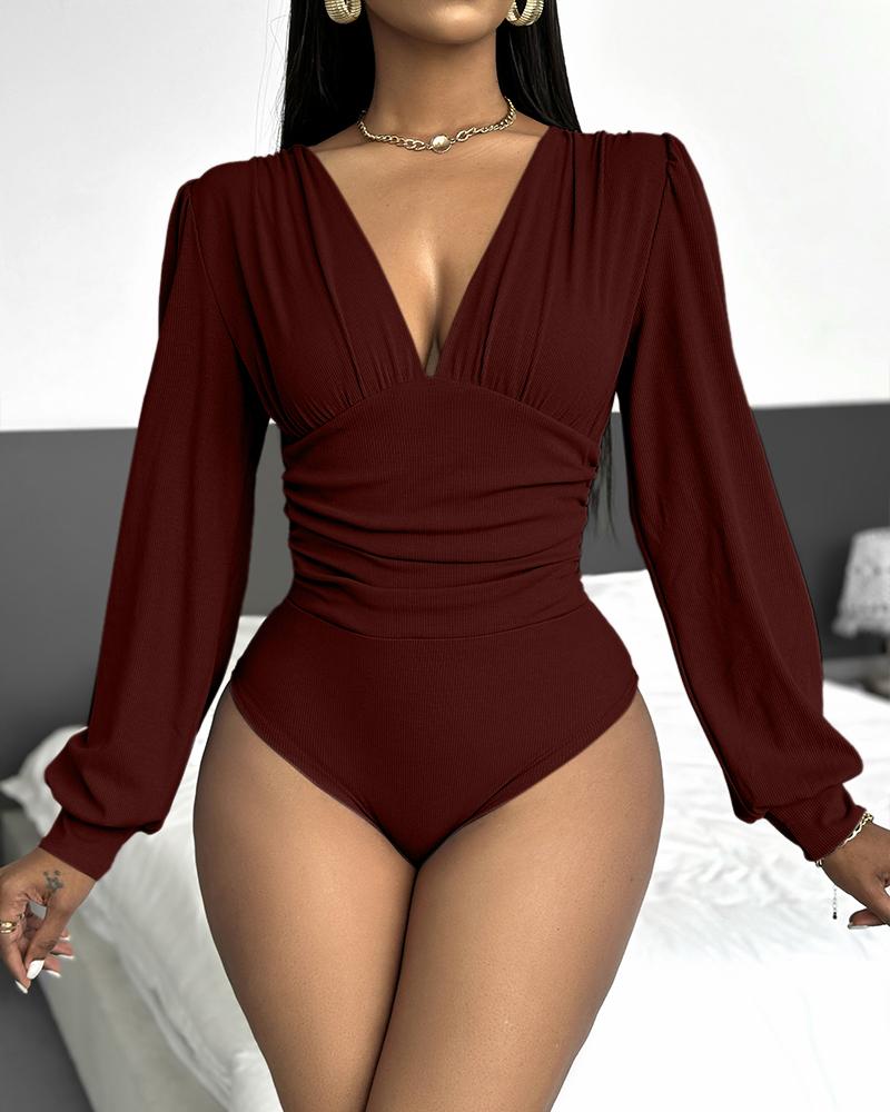 Deep V Neck Ruched Ribbed Bodysuit