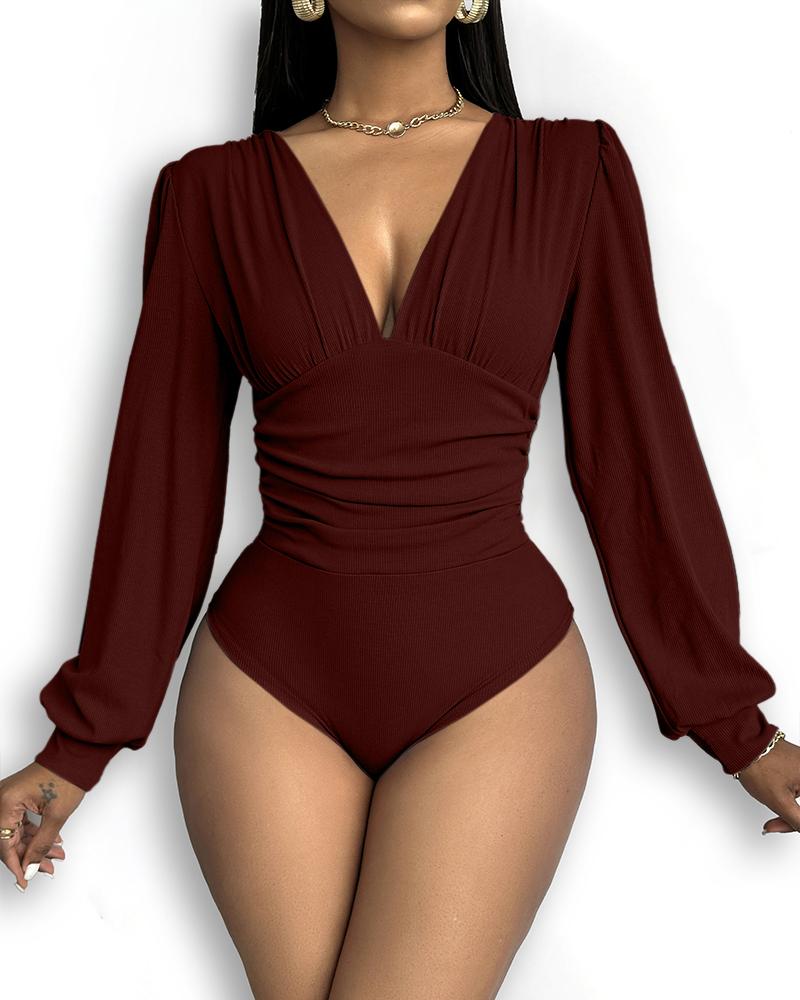 Deep V Neck Ruched Ribbed Bodysuit