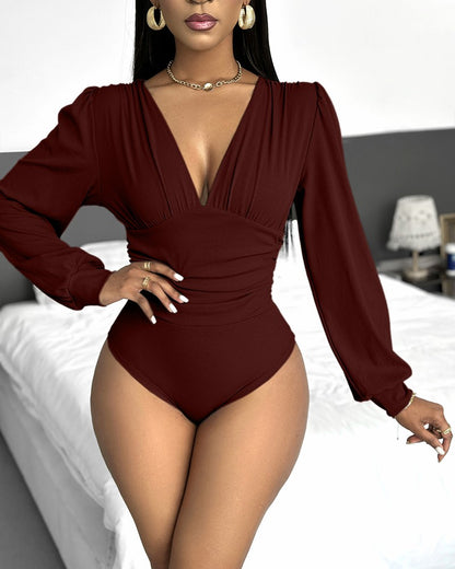 Deep V Neck Ruched Ribbed Bodysuit