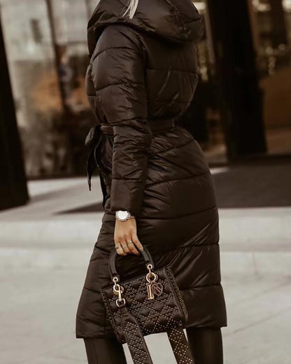 Long Sleeve Buttoned Puffer Coat With Belt