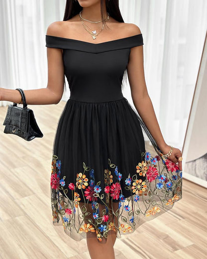 Floral Embroidery Off Shoulder Midi Dress