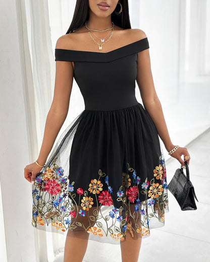 Floral Embroidery Off Shoulder Midi Dress