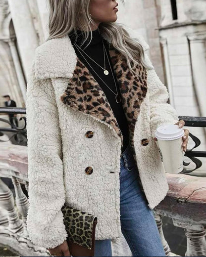 Contrast Leopard Double Breasted Teddy Coat