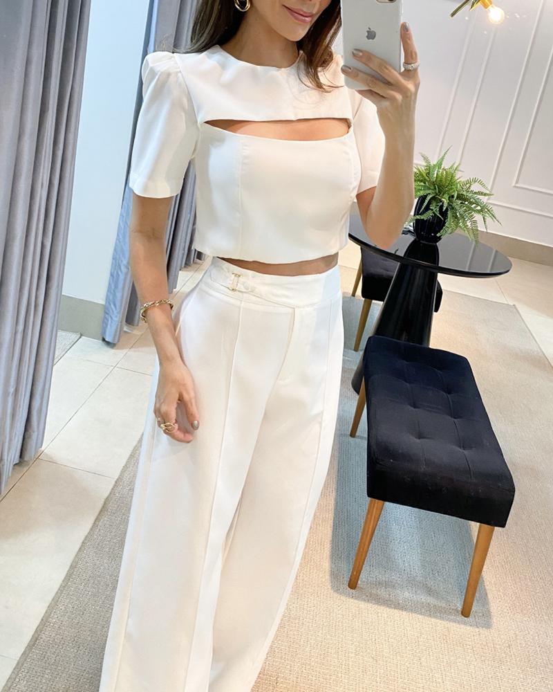 Puff Sleeve Cutout Top & Wide Leg Pants Set