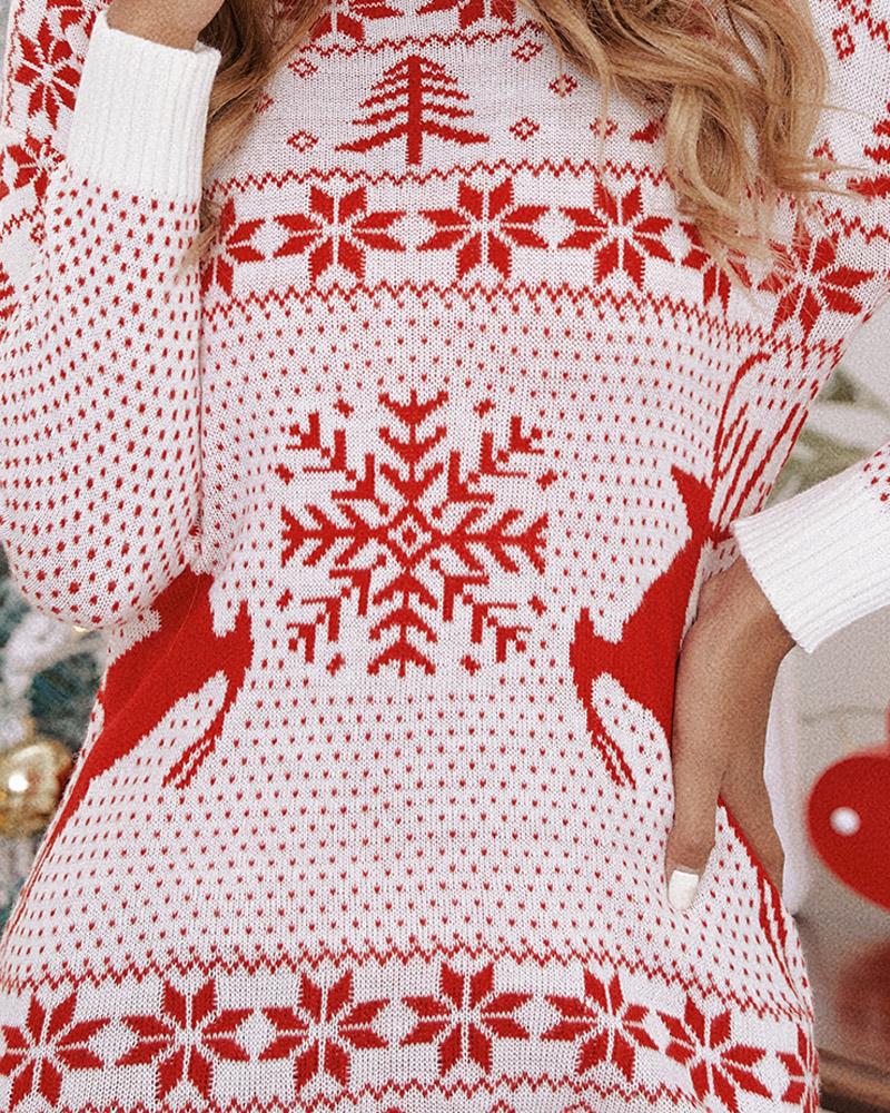 Christmas Print Long Sleeve Knit Dress