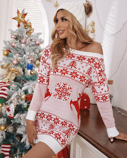 Christmas Print Long Sleeve Knit Dress