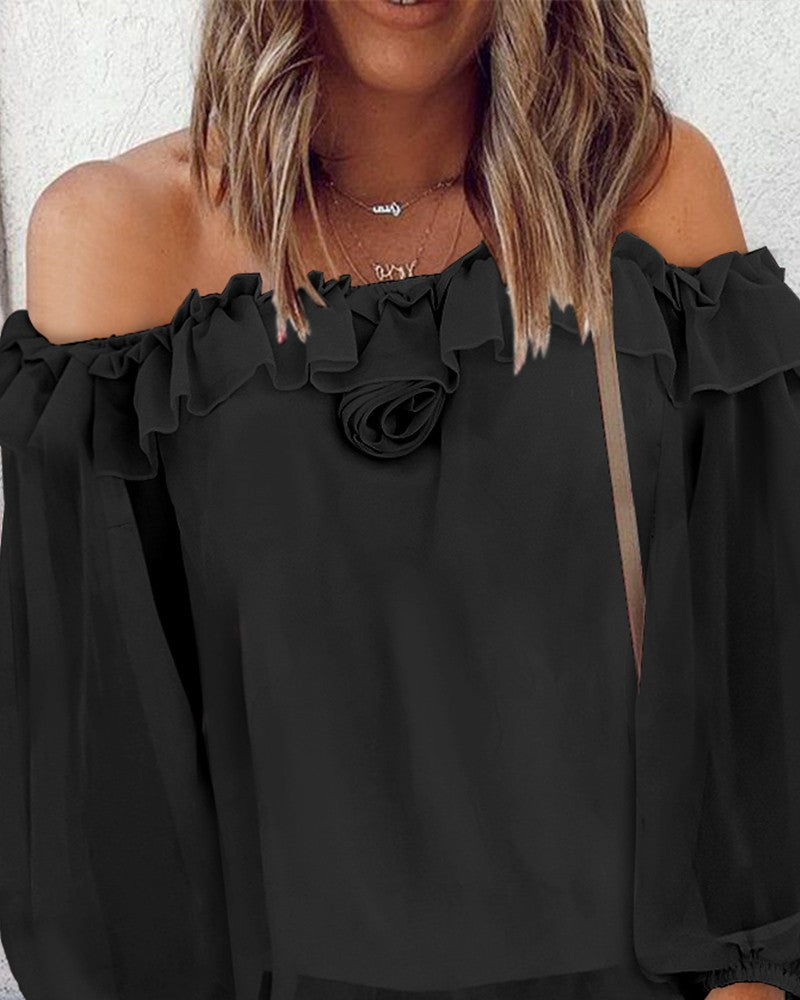 Rose Detail Ruffle Hem Off Shoulder Top