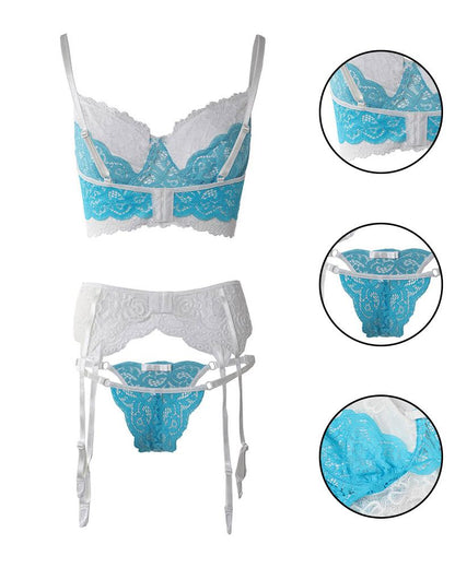 3PCS Crochet Lace Colorblock Garter Lingerie Set