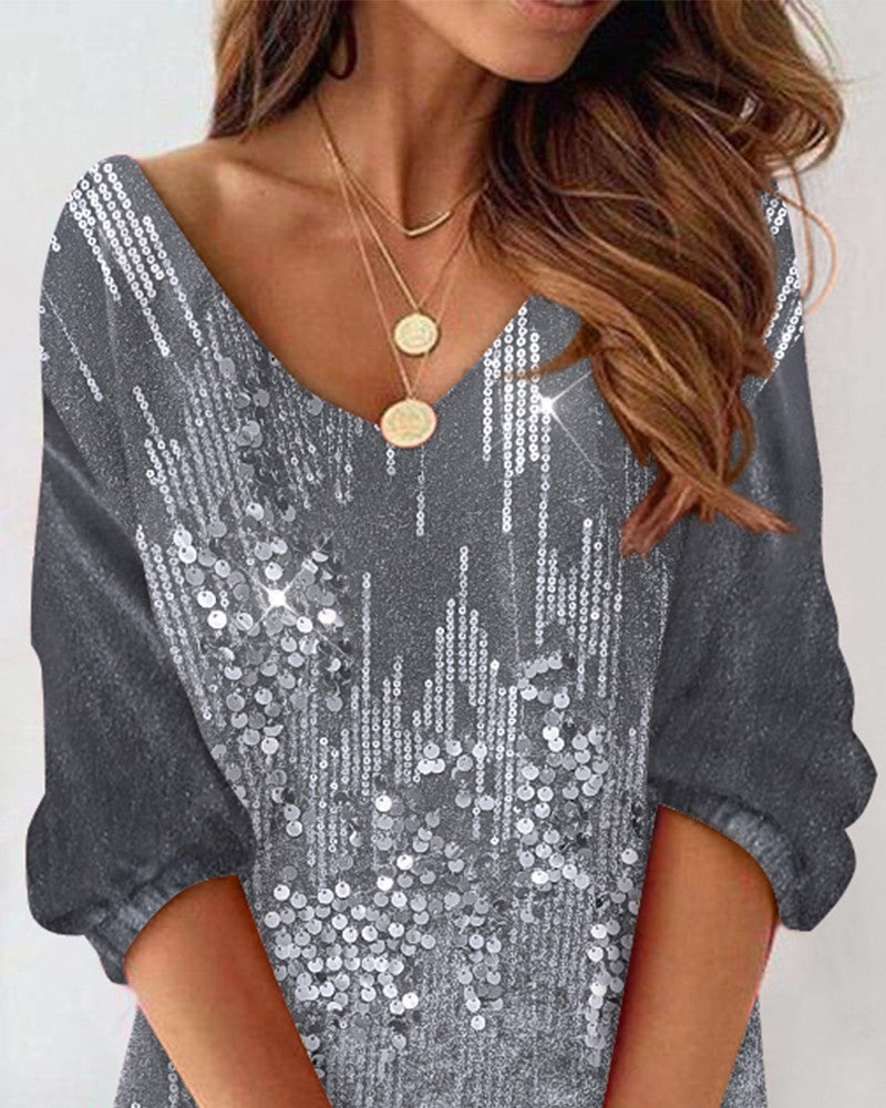 Contrast Sequin Velvet V Neck Casual Dress