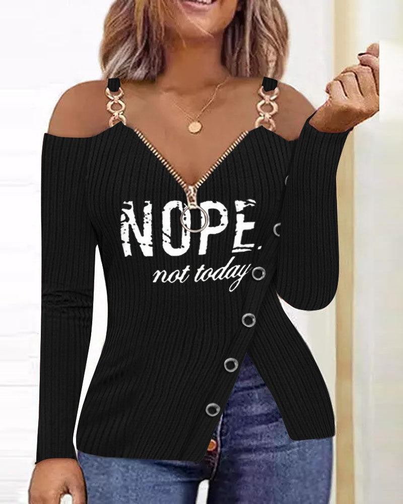 Letter Print Zip Detail Cold Shoulder Top