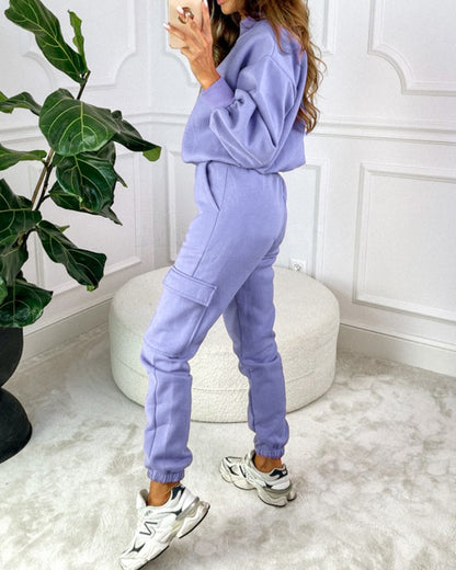 Round Neck Pocket Design Sweatshirt & Cuffed Sweatpants Set