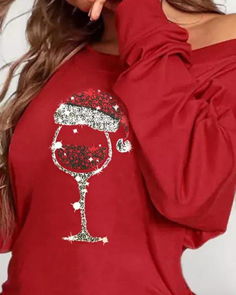 Christmas Wine Glass Print Drawstring Ruched Sweatshirt Dress