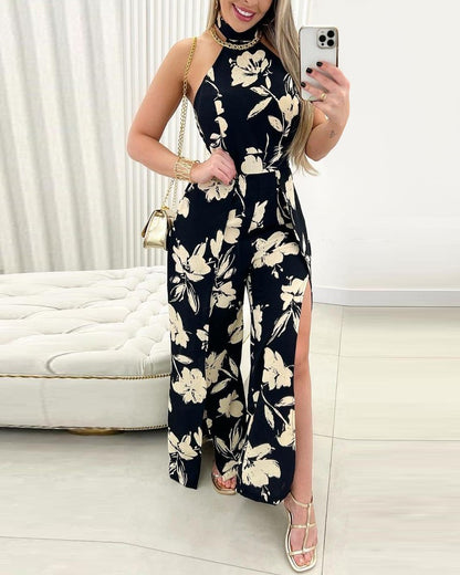 Floral Print Halter High Slit Jumpsuit