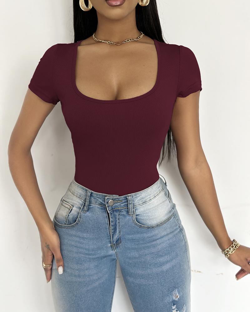 Square Neck Short Sleeve Ribbed Bodysuit