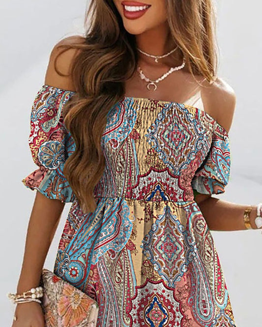 Puff Sleeve Off Shoulder Paisley Print Swing Dress