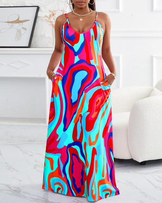 Abstract Print Spaghetti Strap Maxi Dress