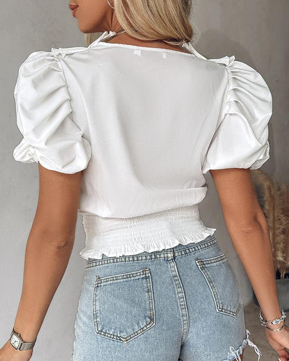 V Neck Shirred Ruched Top