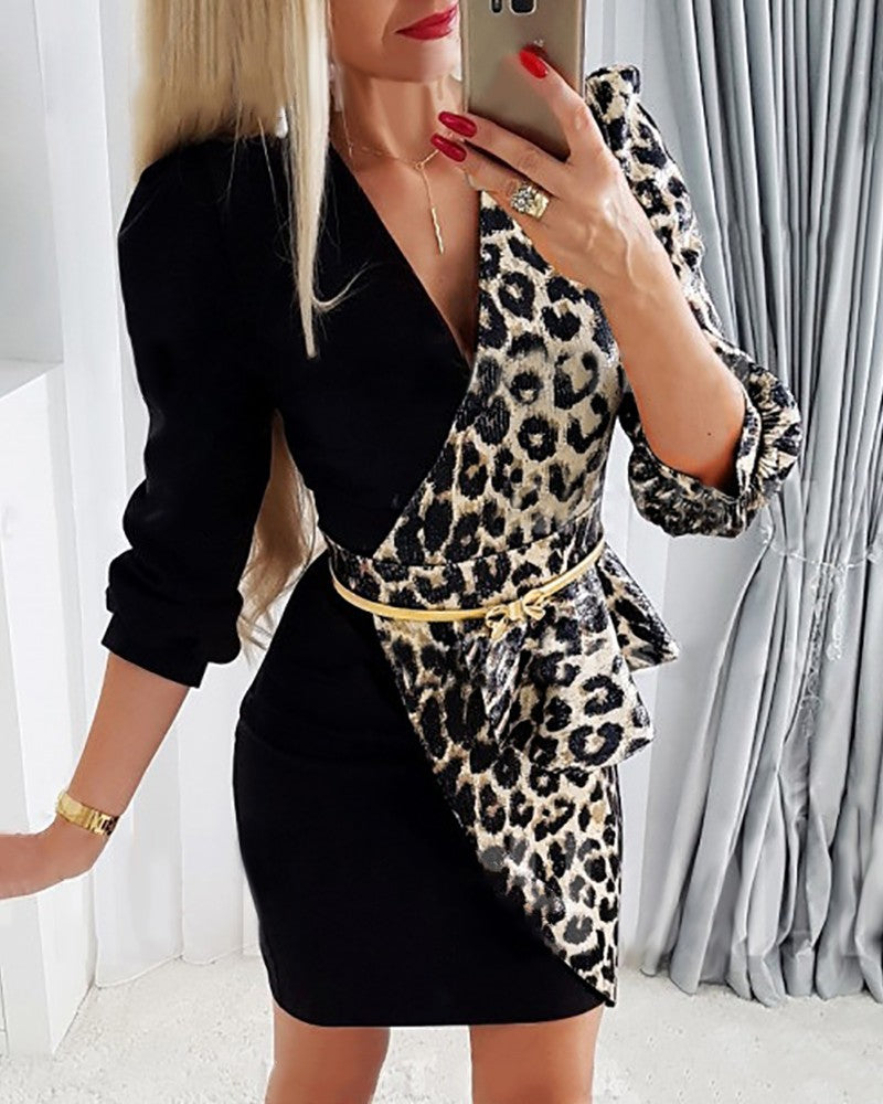 Cheetah Print Puff Sleeve Ruffles Work Dress