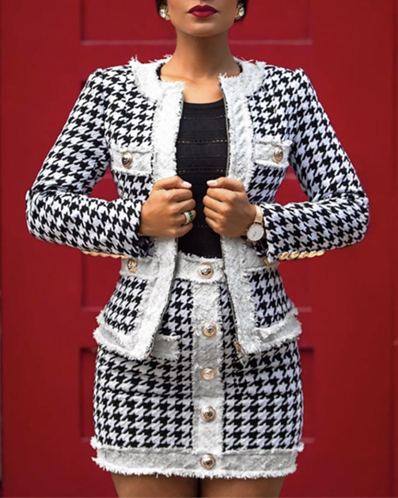 Houndstooth Buttoned Pocket Design Coat & High Waist Skirt Set