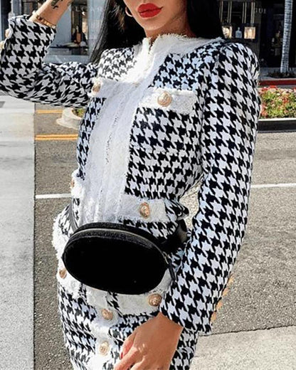 Houndstooth Buttoned Pocket Design Coat & High Waist Skirt Set