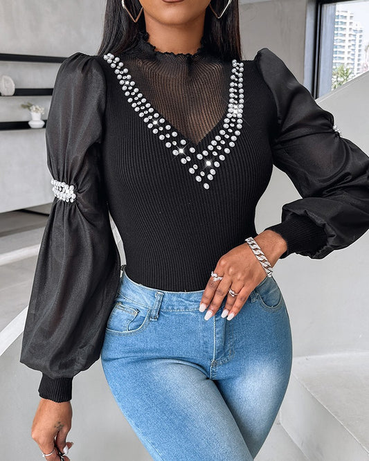 Beaded Patch Long Sleeve Knitted Top