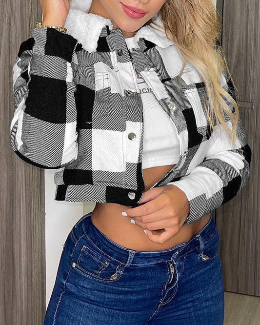 Plaid Print Button Pocket Decor Jacket