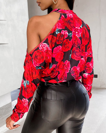 Floral Print Cold Shoulder Long Sleeve Top