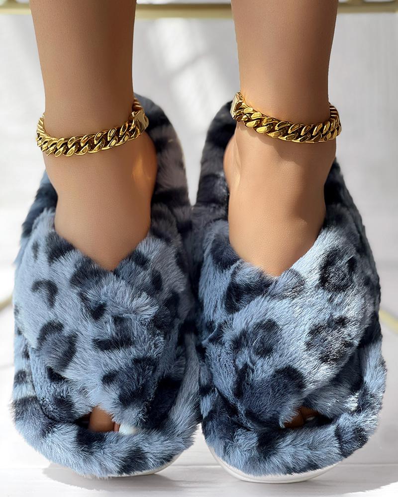 Leopard Cross Strap Platform Fluffy Winter Slippers