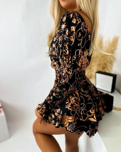 Baroque Print Shirred Long Sleeve Romper