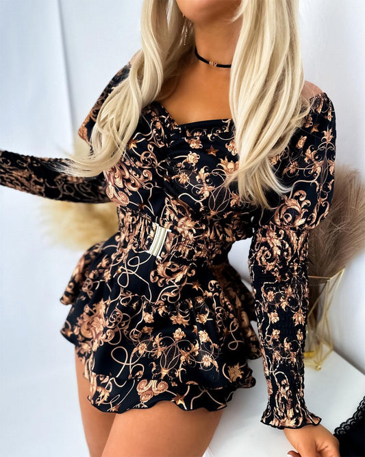 Baroque Print Shirred Long Sleeve Romper