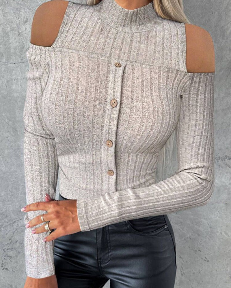 Cold Shoulder Long Sleeve Ribbed Top