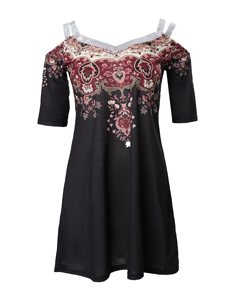 Tribal Print Cold Shoulder Casual Dress