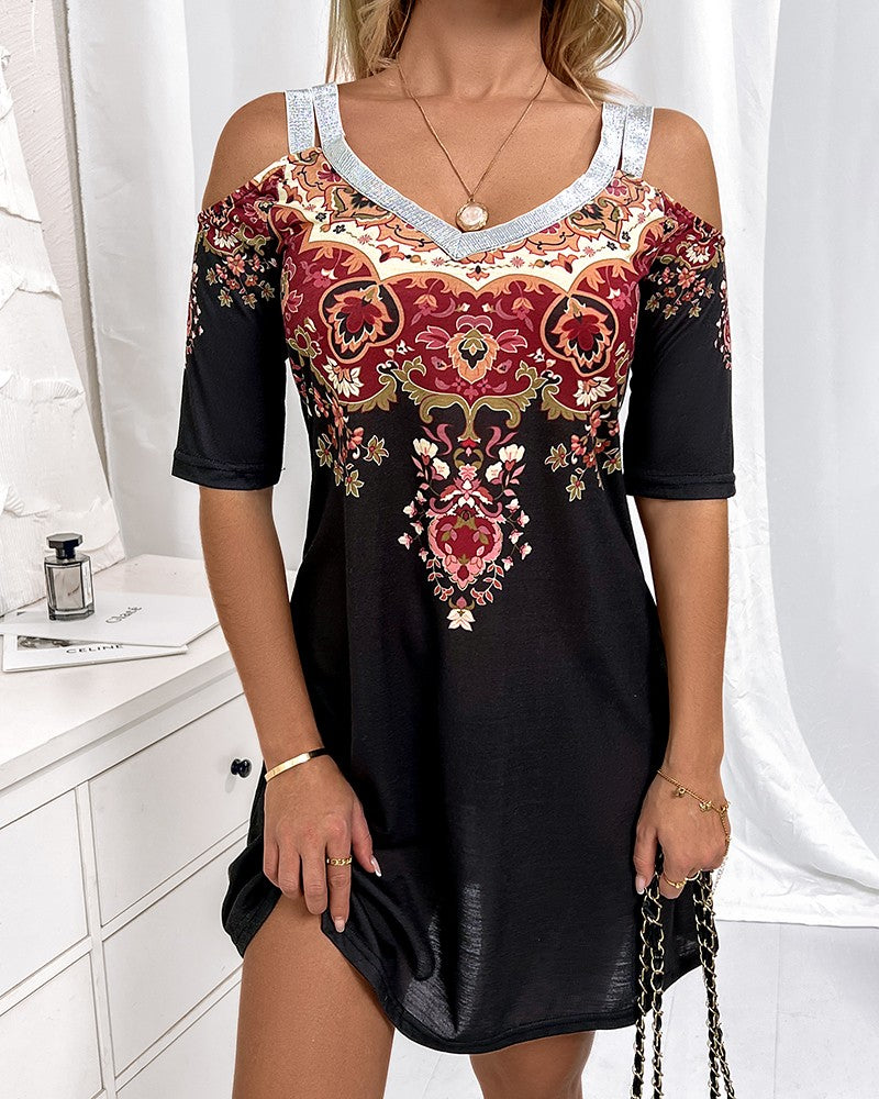 Tribal Print Cold Shoulder Casual Dress