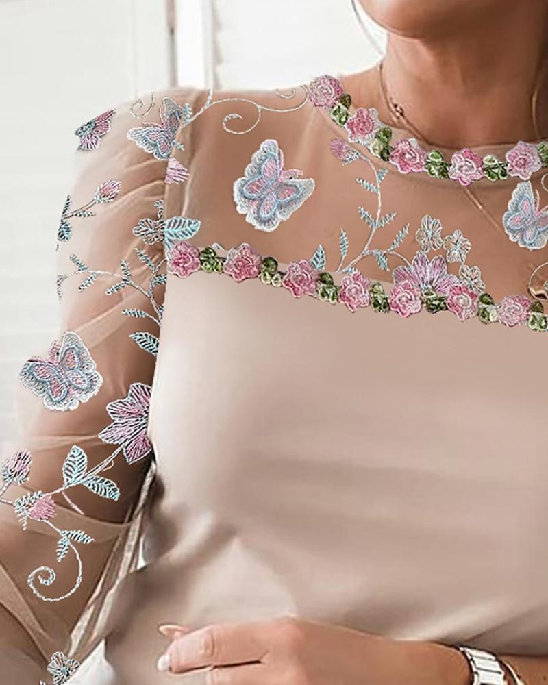 Floral Butterfly Embroidery Mesh Patchwork Top