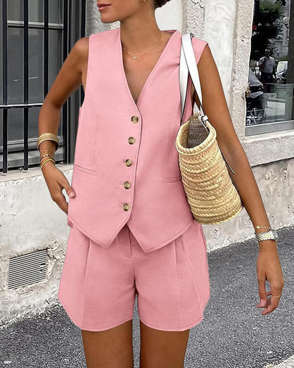 V Neck Buttoned Vest Top & Shorts Set