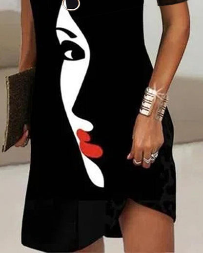 Abstract Figure Print Cold Shoulder Casual Dress