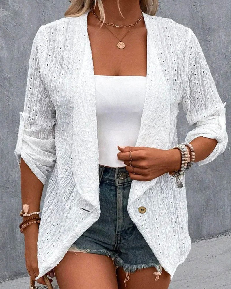 Plus Size Roll Up Sleeve Eyelet Embroidery Buttoned Coat