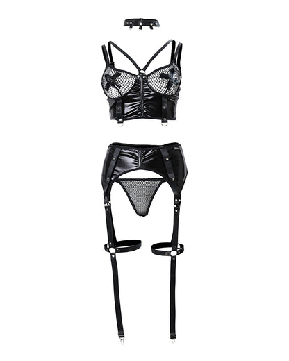 Contrast Fishnet PU Leather Garter Lingerie Set