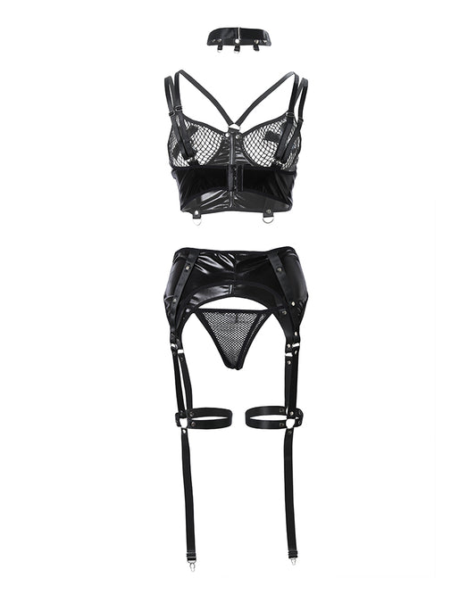 Contrast Fishnet PU Leather Garter Lingerie Set