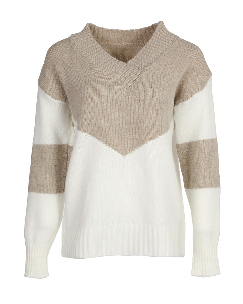 Colorblock Long Sleeve V Neck Knit Sweater