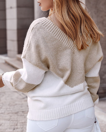 Colorblock Long Sleeve V Neck Knit Sweater