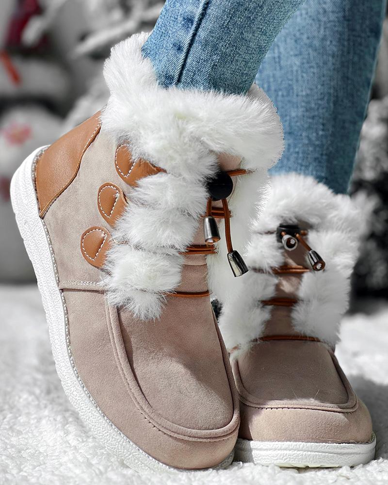 Drawstring Lace up Fuzzy Lined Ankle Boots