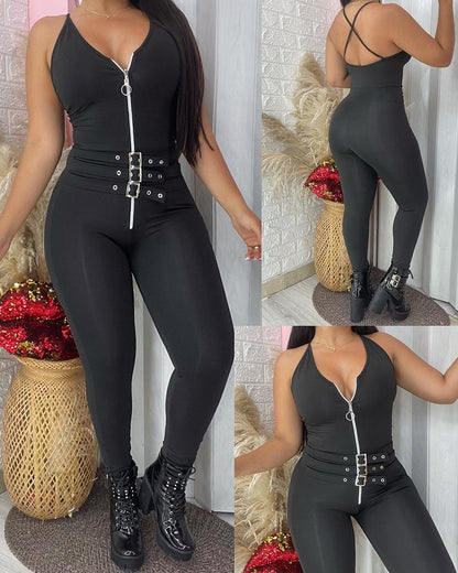 Eyelet Zipper Design Criss Cross Jumpsuit