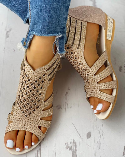 Rhinestone Hollow Out Flat Sandals