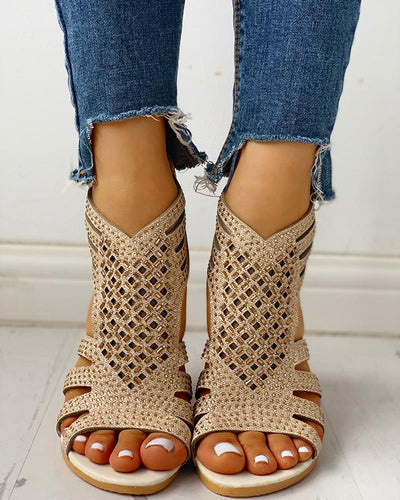 Rhinestone Hollow Out Flat Sandals