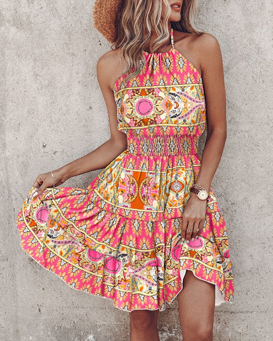 Tribal Print Halter Backless Shirred Dress